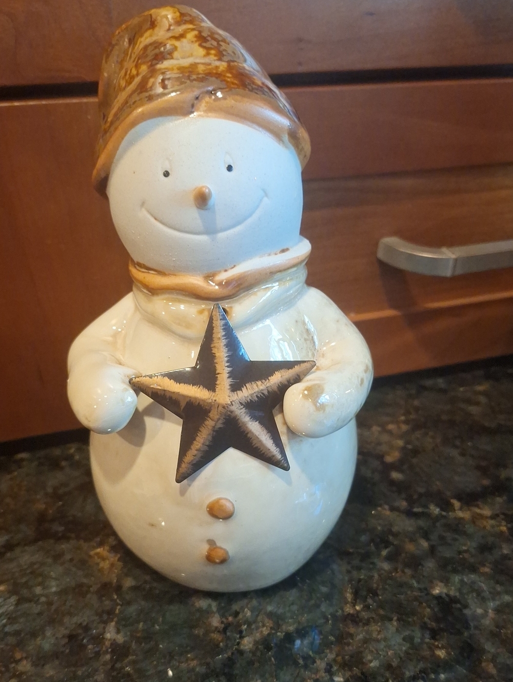 Vintage Marshall Fields Ceramic Snowman Figurine with Star - Cream and Brown